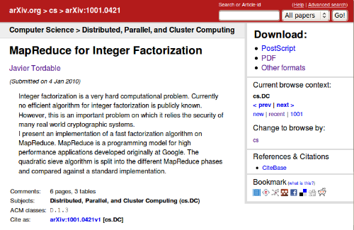MapReduce for Integer Factorization in arXiv.