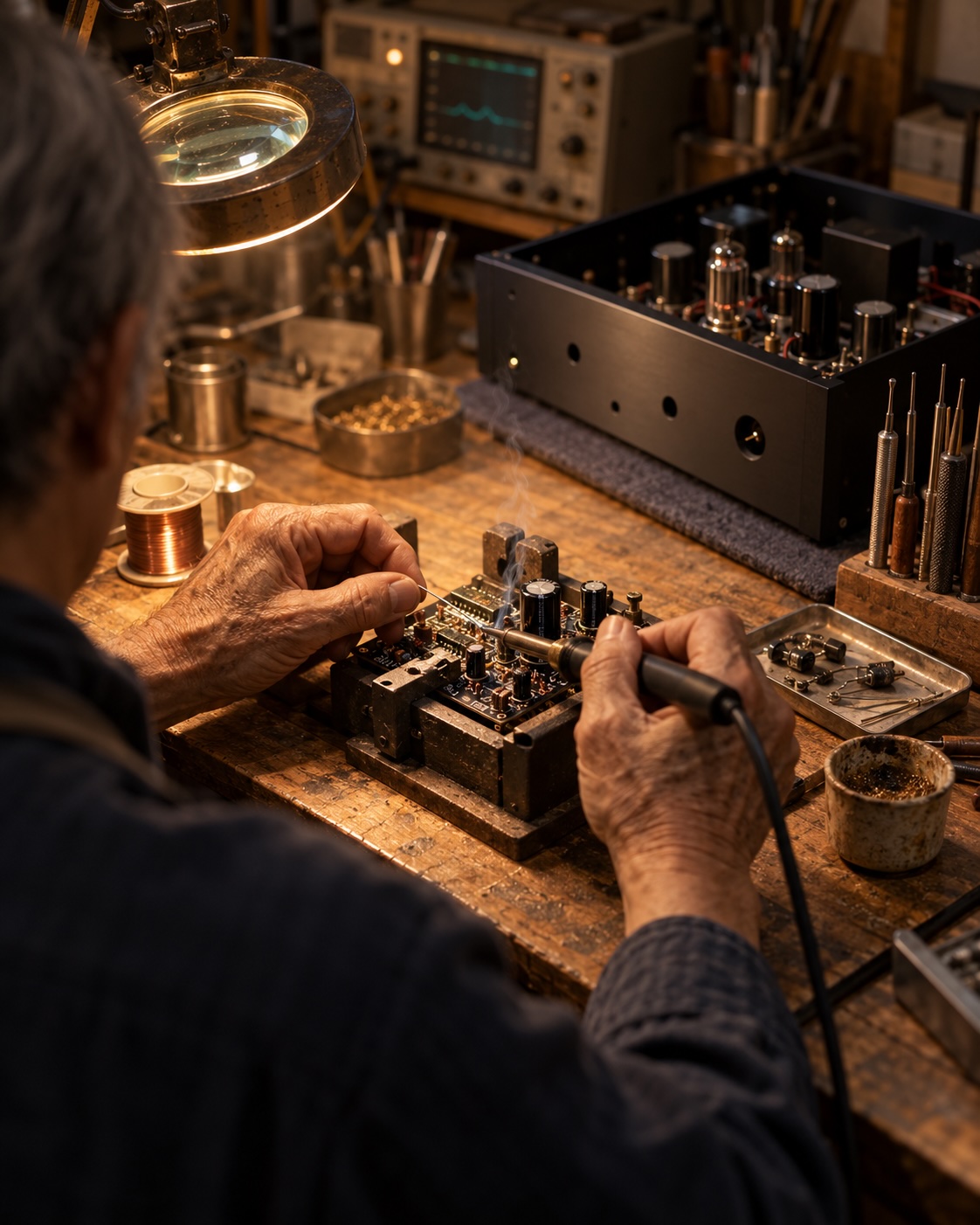 Hands assembling a Bakoon amplifier at the Kumamoto workshop