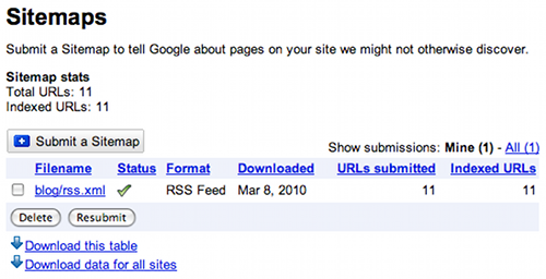 Screenshot of Webmaster Tools Sitemaps